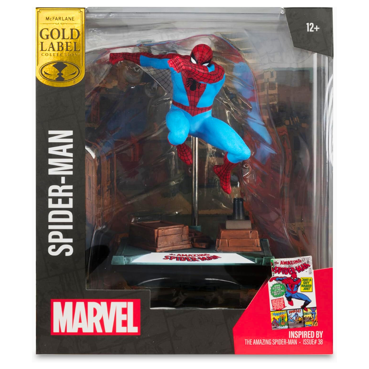 McFarlane toys Figura coleccionable de Spider-Man a escala 1:10 con escena (The Amazing Spider-Man #38) Etiqueta Dorada.