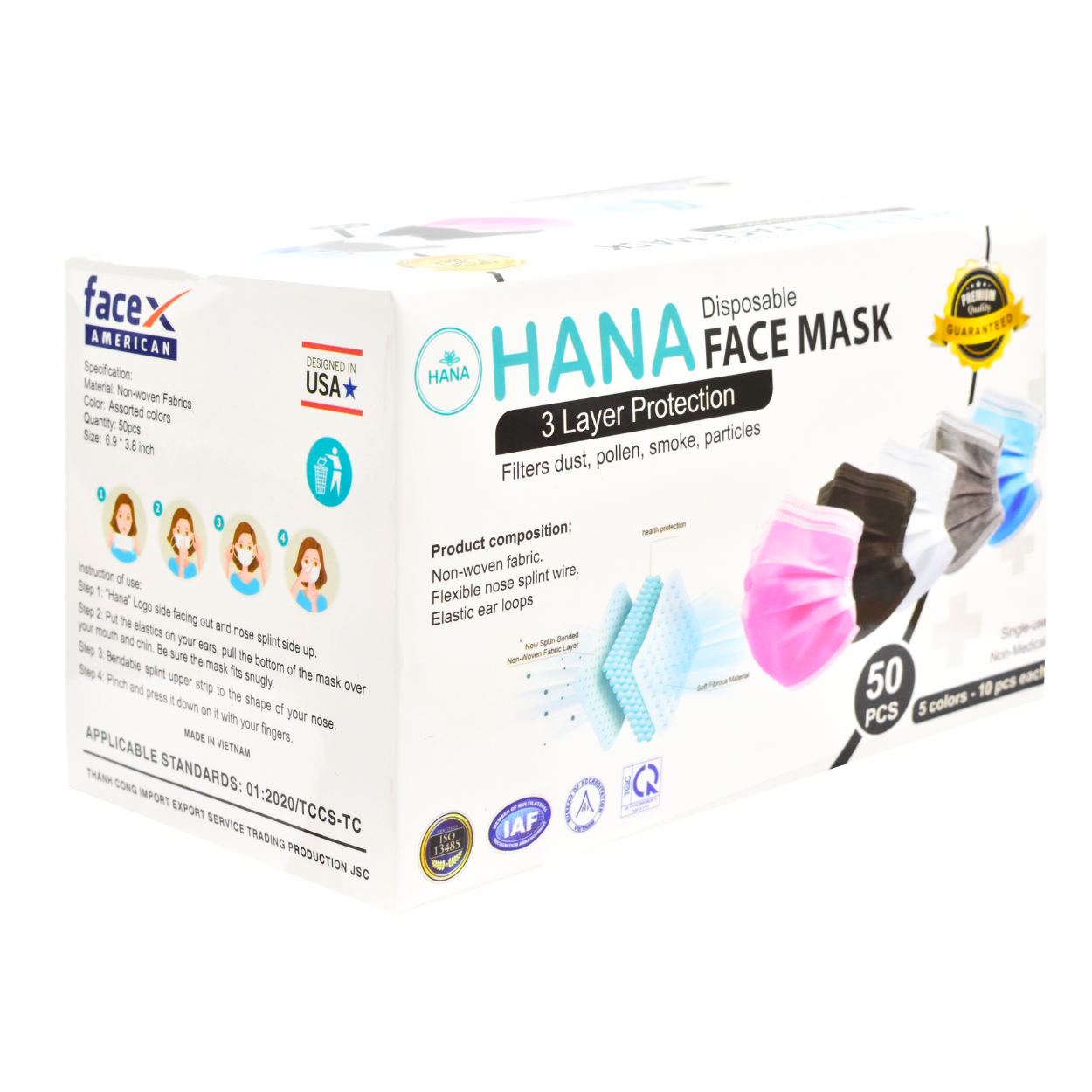 Cubrebocas tipo quirúrgico Hana Facemask caja con 50 piezas colores pastel