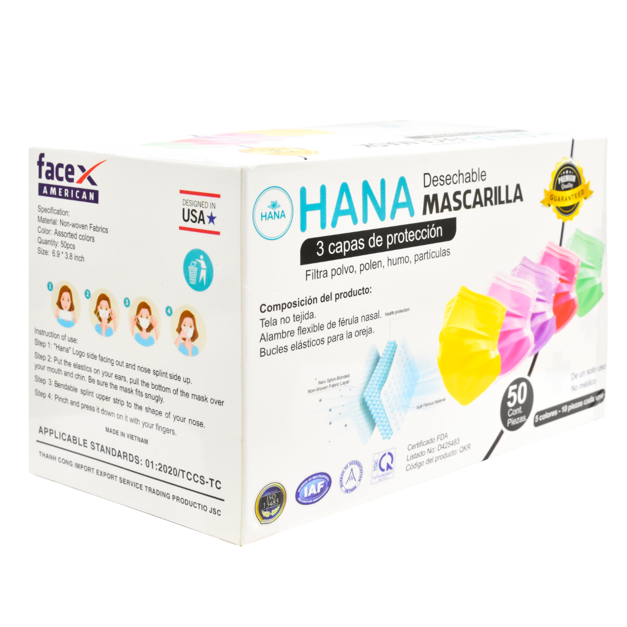Cubrebocas marca Hana colores pastel 3 capas. Caja con 50 piezas