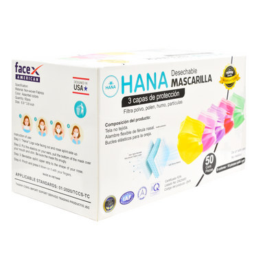 Cubrebocas marca Hana colores pastel 3 capas. Caja máster con 50 cajas, 2,500 mascarillas.