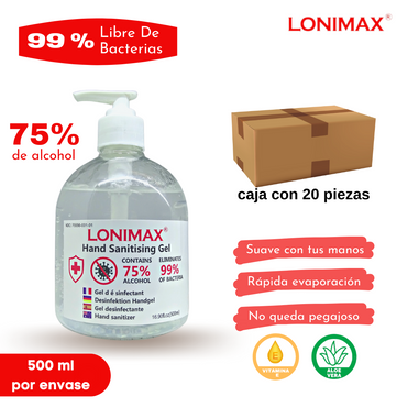 LONIMAX Gel antibacterial para manos caja master con 20 botellas