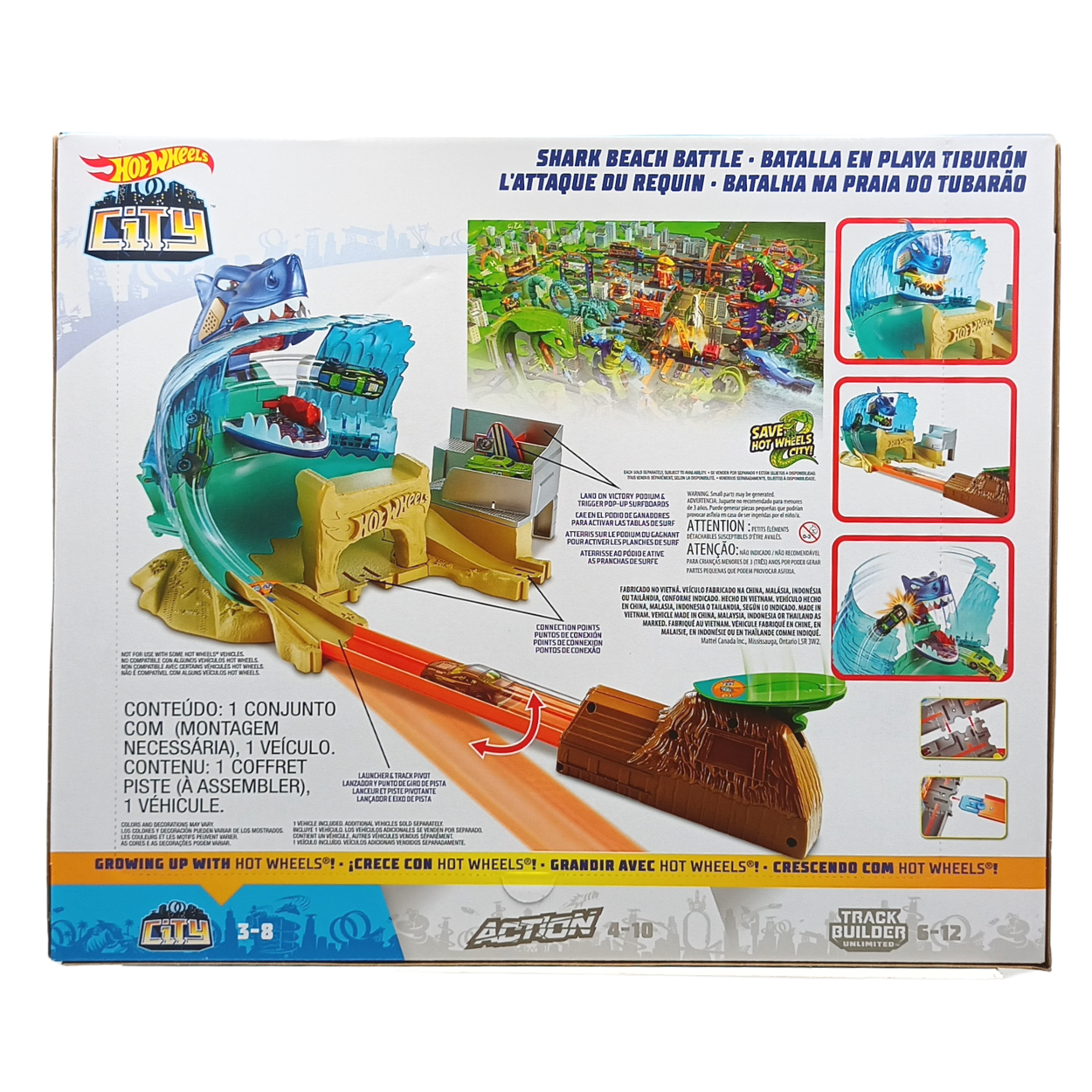 Pista de carreras hot wheels top playa tiburón con 18 vehículos