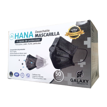 Cubrebocas marca Hana para adulto color negro caja master.